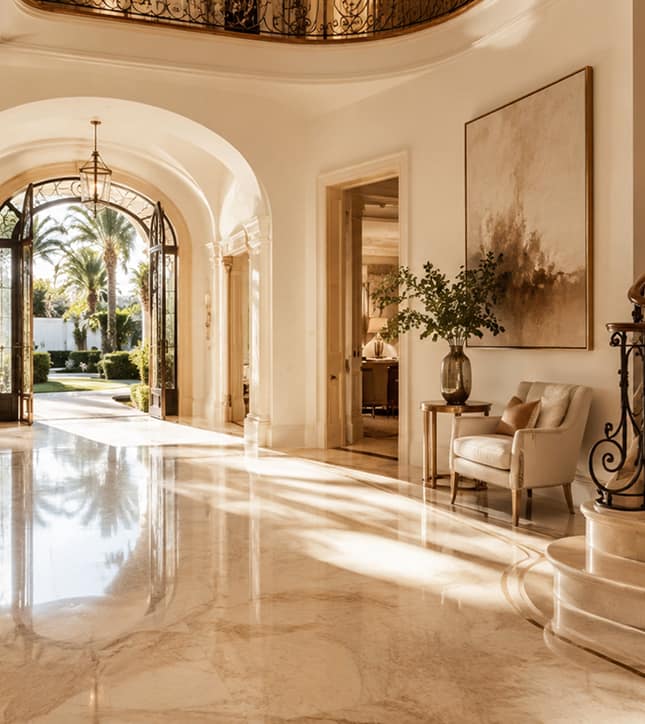 Sunlit marble foyer of a luxury estate opening onto a palm-lined garden