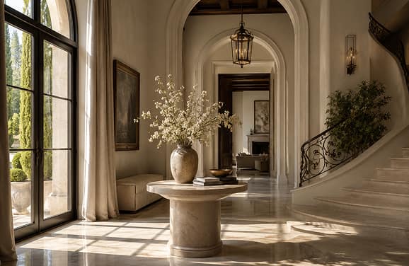 Sunlit Mediterranean estate foyer with arched windows, a stone pedestal table of white blossoms, and a wrought-iron staircase