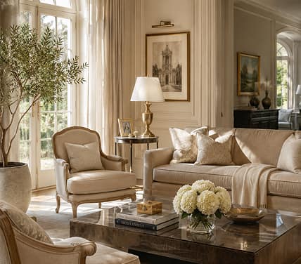 Refined cream living room with French doors, linen seating, brass lamp, and fresh white hydrangeas